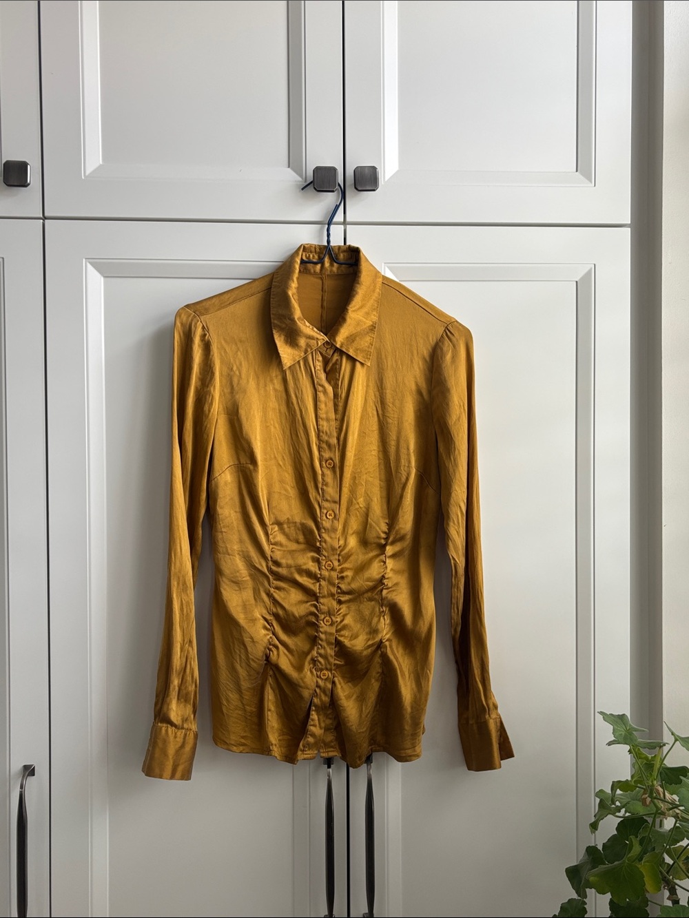 Silk-Blend Mustard Button-Up Top